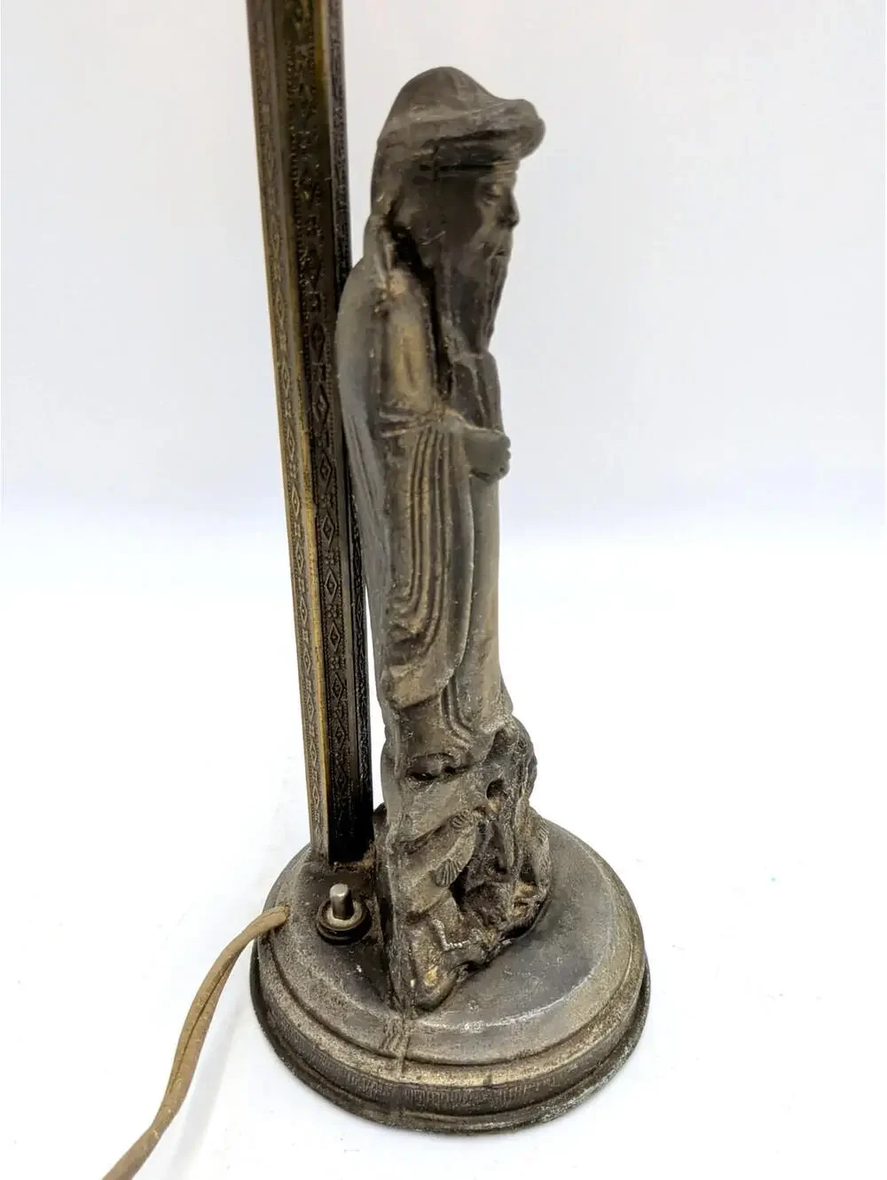 Antique VTG Figural Lamp Asian Man Spelter Statue Amber Glass Lamp 18